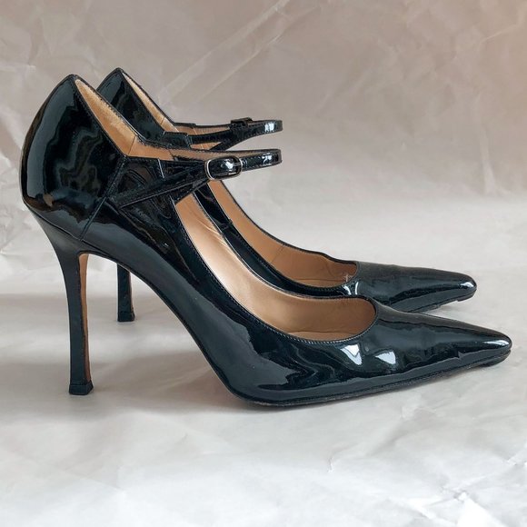 Manolo Blahnik black patent leather mary jane 4" high heel pumps Sz 39 - Picture 3 of 9